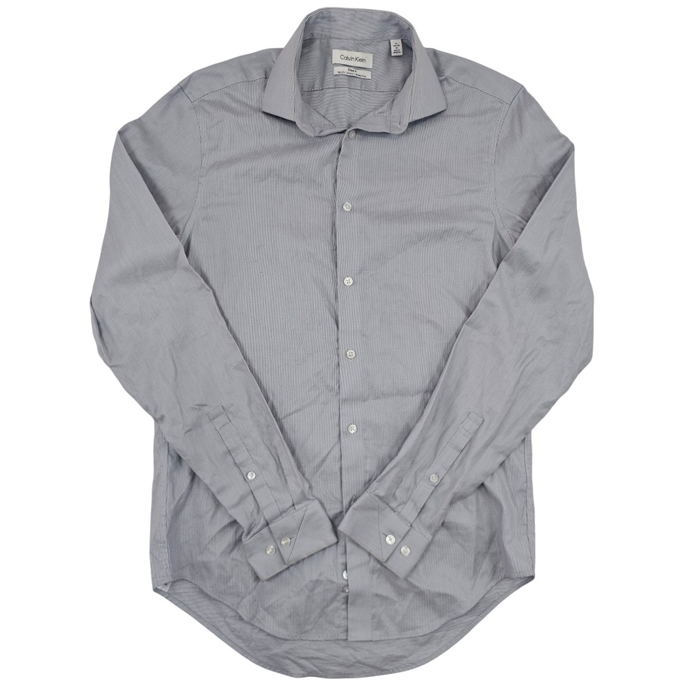 Calvin Klein Steel+ Slim Fit Stretch Dress Shirt Grey White Stripe 15 34/35 M